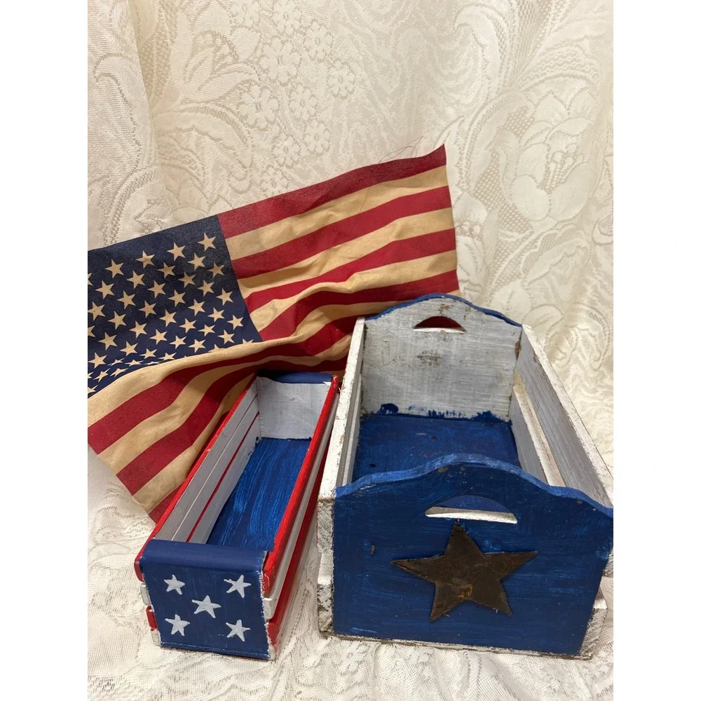 Patriotic Folk Art Hand Painted Small Wooden Crates July 4th‎ Americana Decor